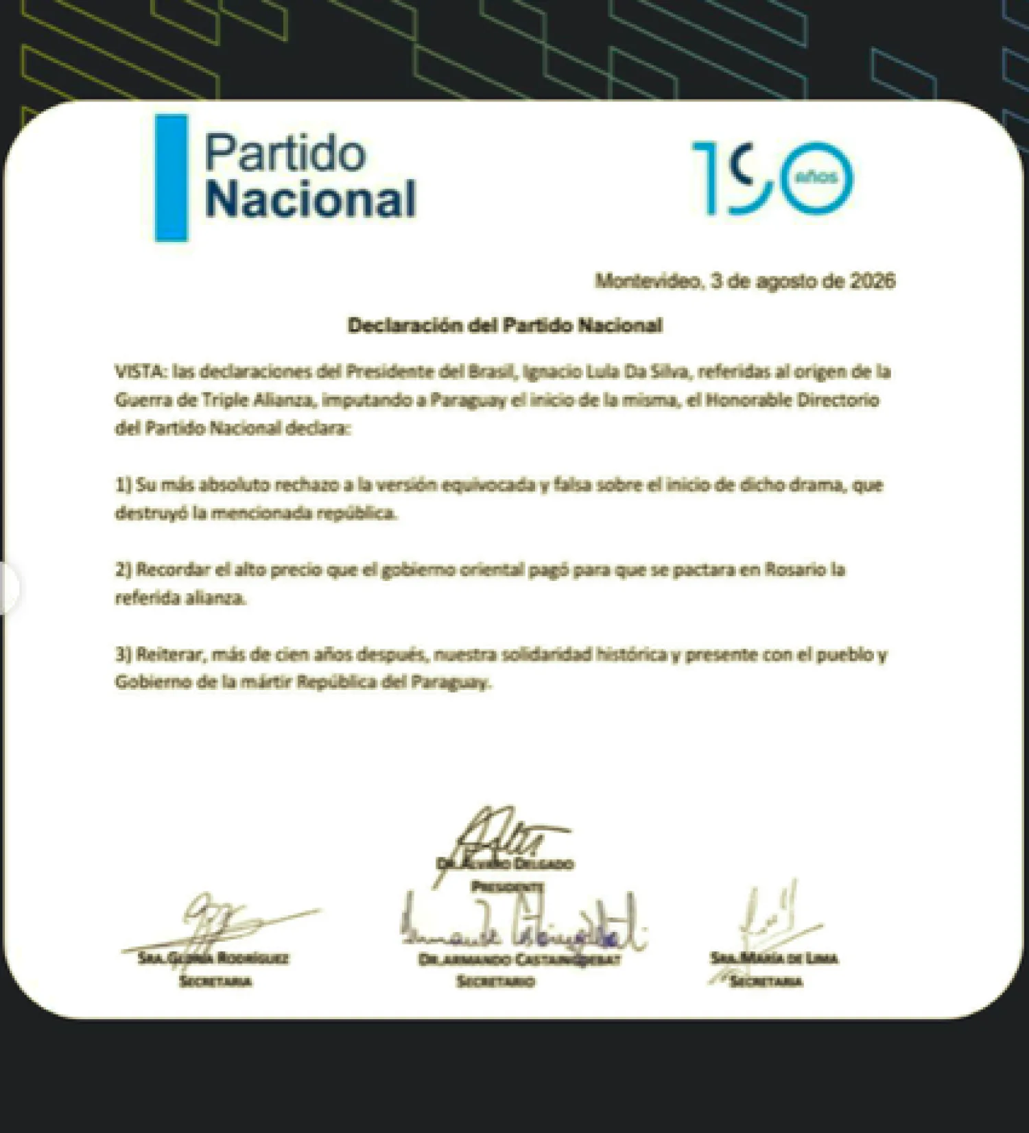 Alliana celebra pronunciamiento del Partido Nacional de Uruguay sobre dichos de Lula